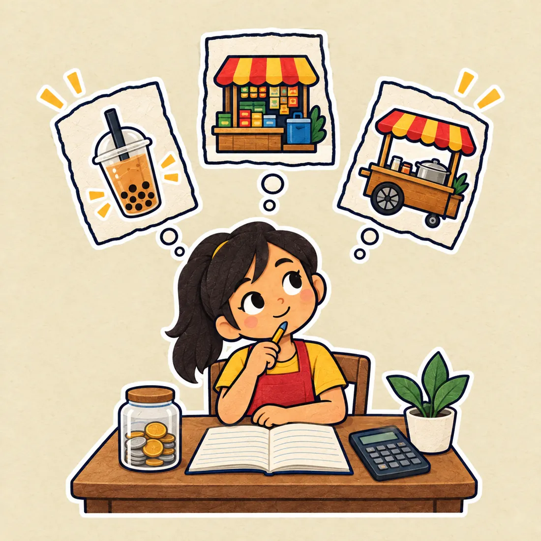 Si Bea, nag-iisip sa harap ng notebook at calculator, pumipili sa milk tea, sari-sari at food cart