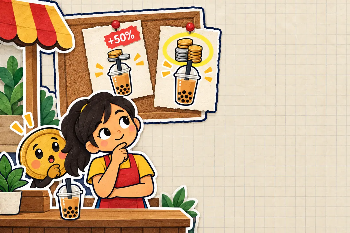 Si Bea sa milk tea stall niya, inihahambing ang maliit na tubo sa 50% markup at ang mas malaking tubo sa 50% margin, kasama si Piso
