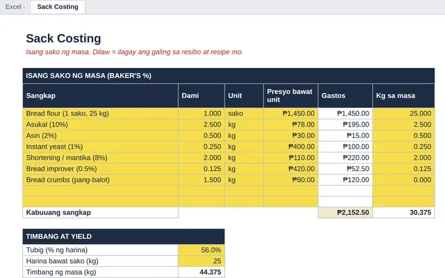 Excel tab: Sack Costing