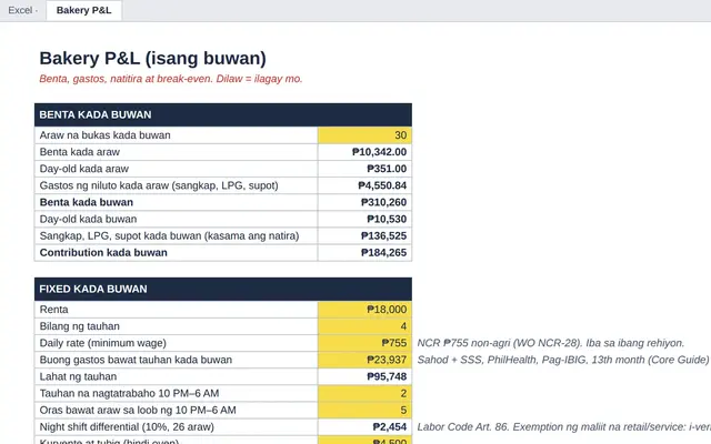 Excel tab: Bakery P&L