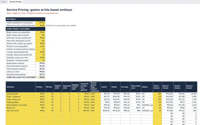 Excel tab: Service Pricing
