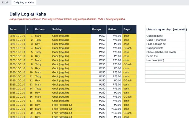 Excel tab: Daily Log at Kaha