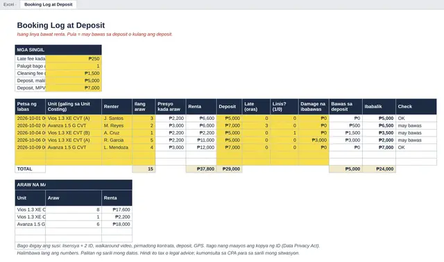 Excel tab: Booking Log at Deposit