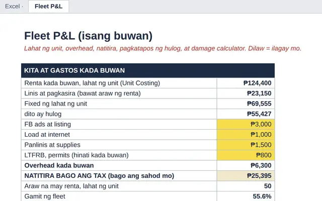 Excel tab: Fleet P&L