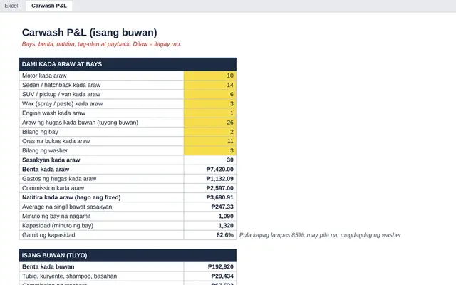 Excel tab: Carwash P&L