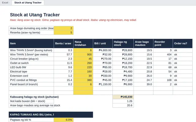 Excel tab: Stock at Utang Tracker