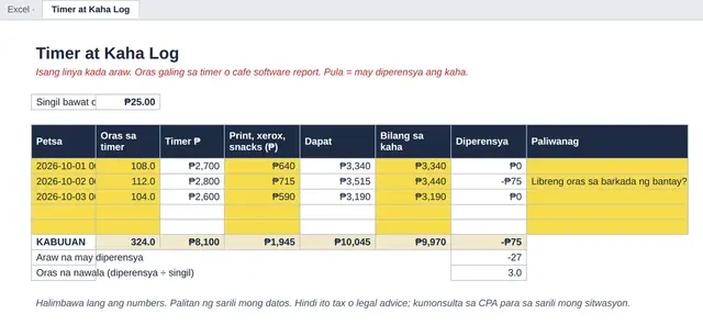 Excel tab: Timer at Kaha Log