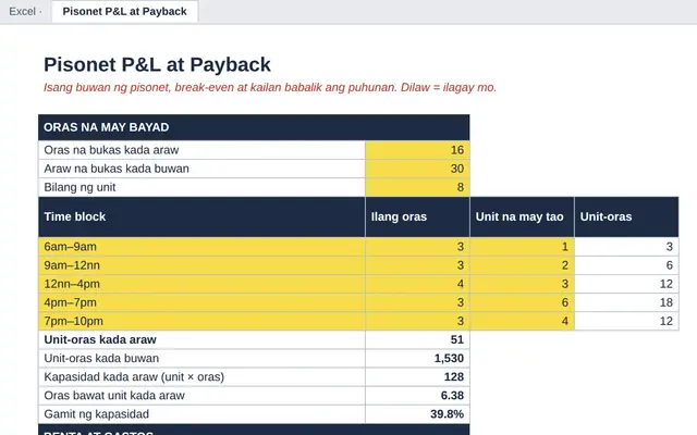Excel tab: Pisonet P&L at Payback