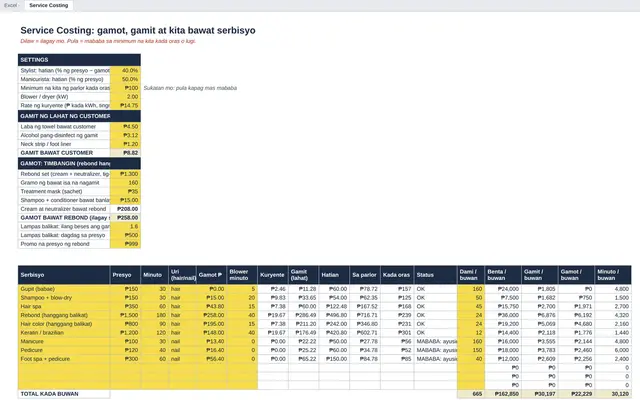 Excel tab: Service Costing