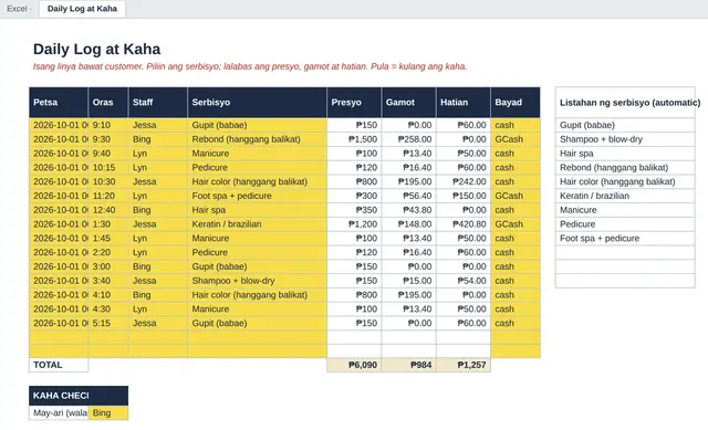 Excel tab: Daily Log at Kaha