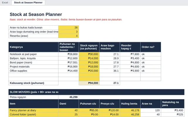 Excel tab: Stock at Season Planner