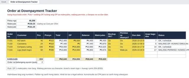 Excel tab: Order at Downpayment Tracker
